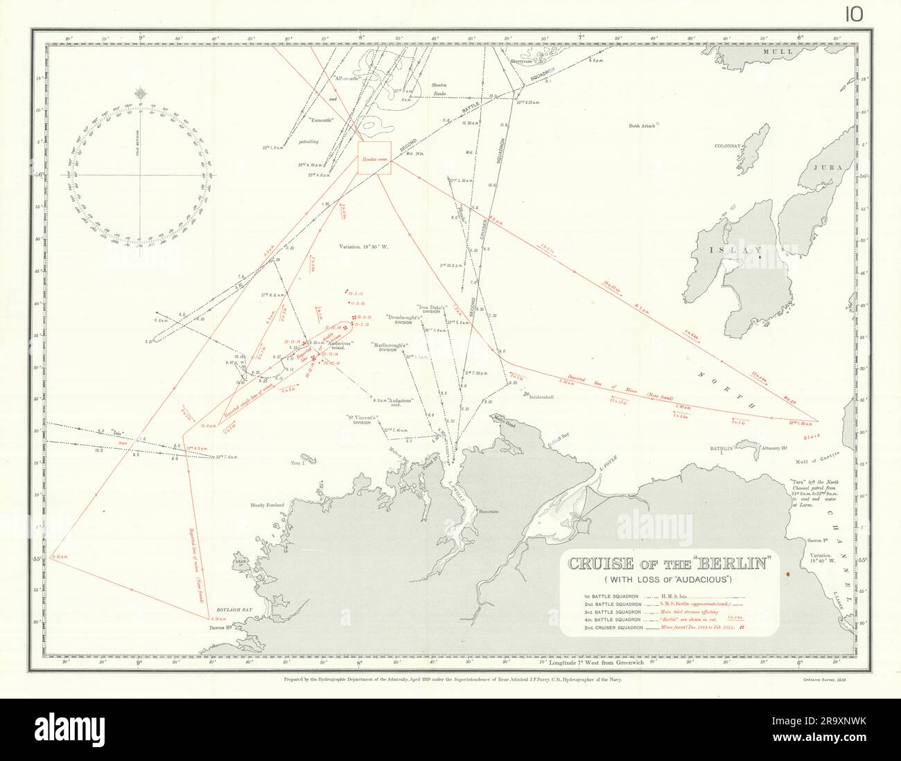 SMS via Berlino. Perdita della HMS Audacious 1914. Prima guerra mondiale. Irlanda 1920 mappa Foto Stock