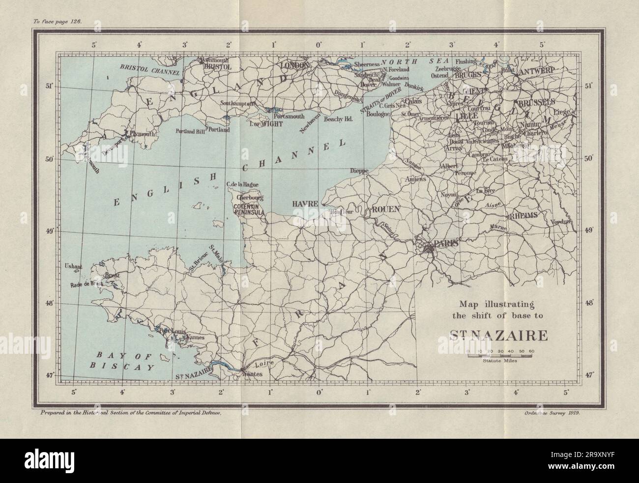Mappa che illustra lo spostamento della base a St Nazaire 1914. Prima guerra mondiale. 1920 Foto Stock