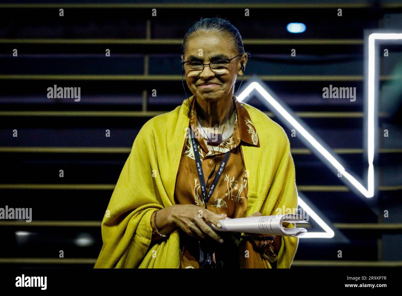 São PAULO, SP - 29.06.2023: MARINA SILVA PARTICIPA DE EVENTO EM SP - il ministro dell'ambiente Marina Silva parteciperà a un evento questo giovedì mattina (29) nella zona sud di São Paolo, dove discuterà la sostenibilità, l'ambiente, il clima e la bioeconomia come politiche statali. (Foto: Aloisio Mauricio/Fotoarena) Foto Stock