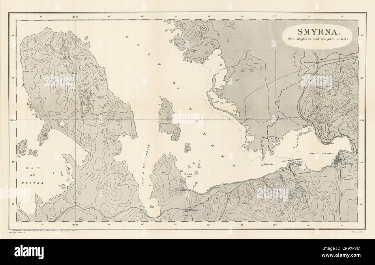 Golfo di Smirne. Izmir. 1915, prima guerra mondiale. 1921 vecchia mappa con mappa antica Foto Stock
