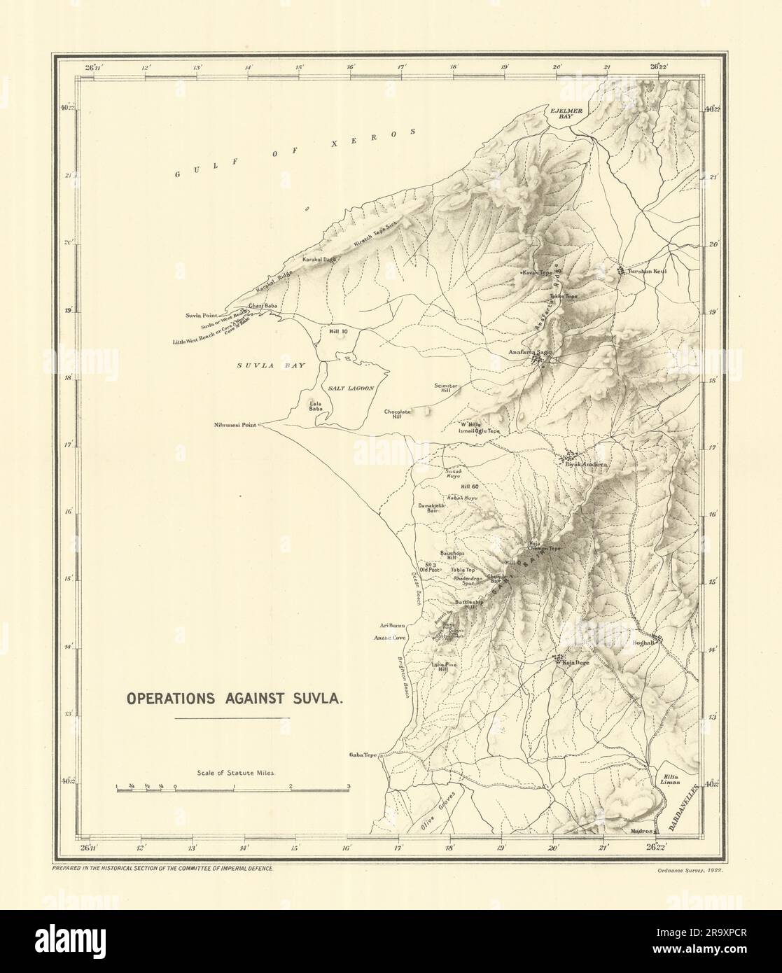 Operazioni contro Suvla. Campagna di Gallipoli 1915. Prima guerra mondiale. mappa 1923 Foto Stock