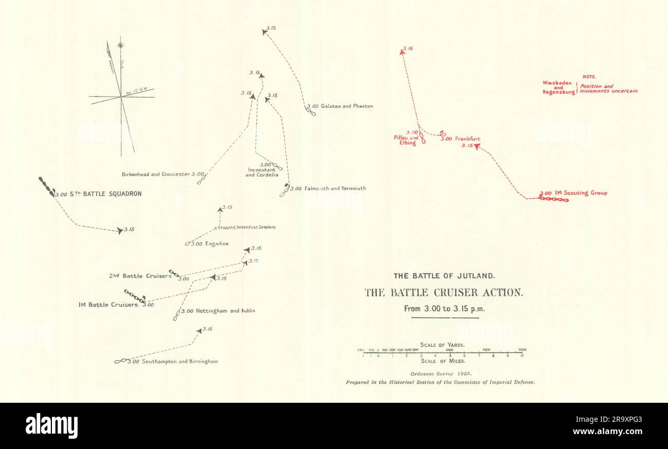 Battaglia dello Jutland. Battle Cruiser Action 3,00-3,15 PM 31 maggio 1916. WW1. mappa 1923 Foto Stock