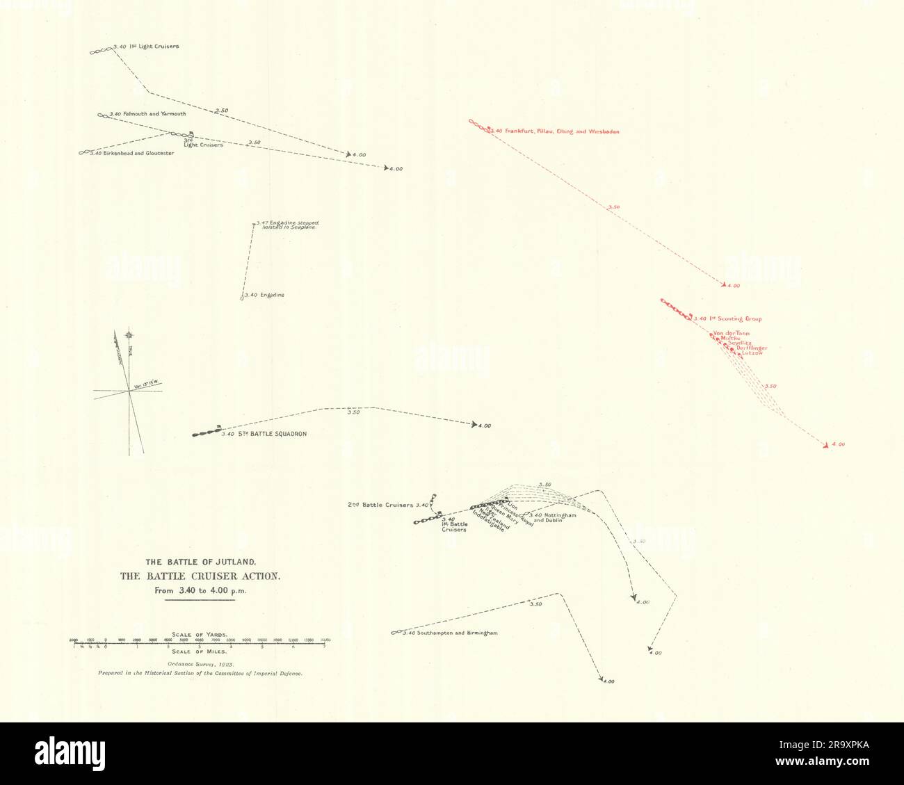 Battaglia dello Jutland. Battle Cruiser Action 3,40-4,00 PM 31 maggio 1916. WW1. mappa 1923 Foto Stock