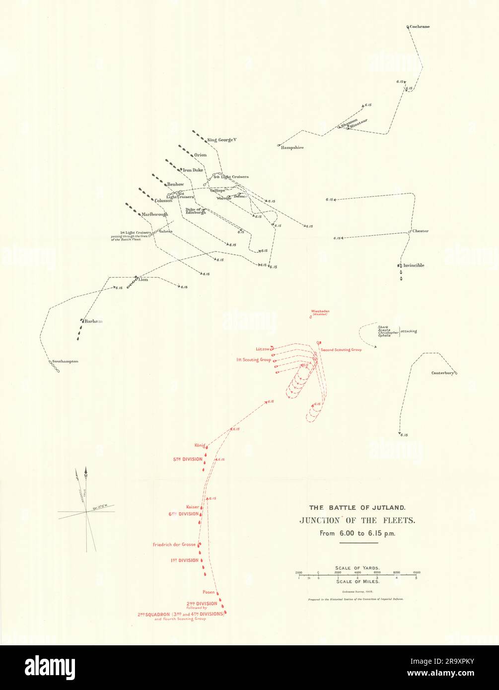 Battaglia dello Jutland. Giunzione delle flotte. Dalle 6,00 alle 6,15 del 31 maggio 1916. WW1. mappa 1923 Foto Stock