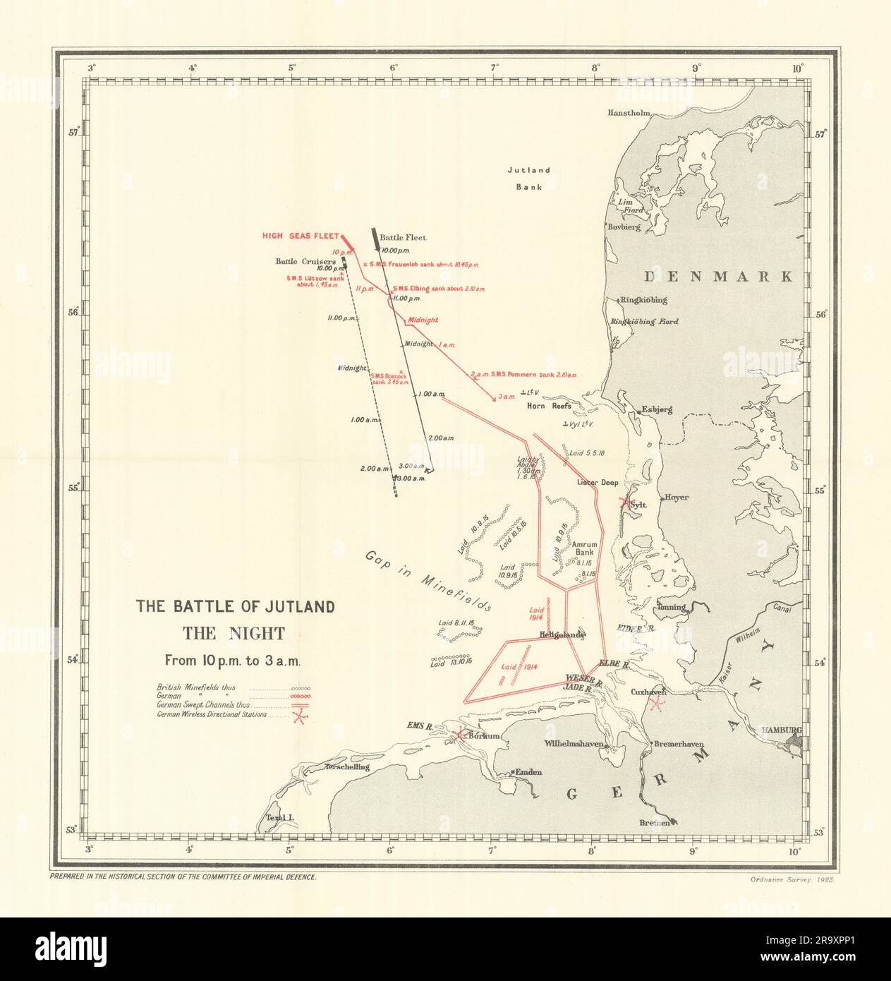 Battaglia dello Jutland. Notte. Dalle 10:00 alle 3:00, 31 maggio 1916. WW1. vecchia mappa vintage del 1923 Foto Stock