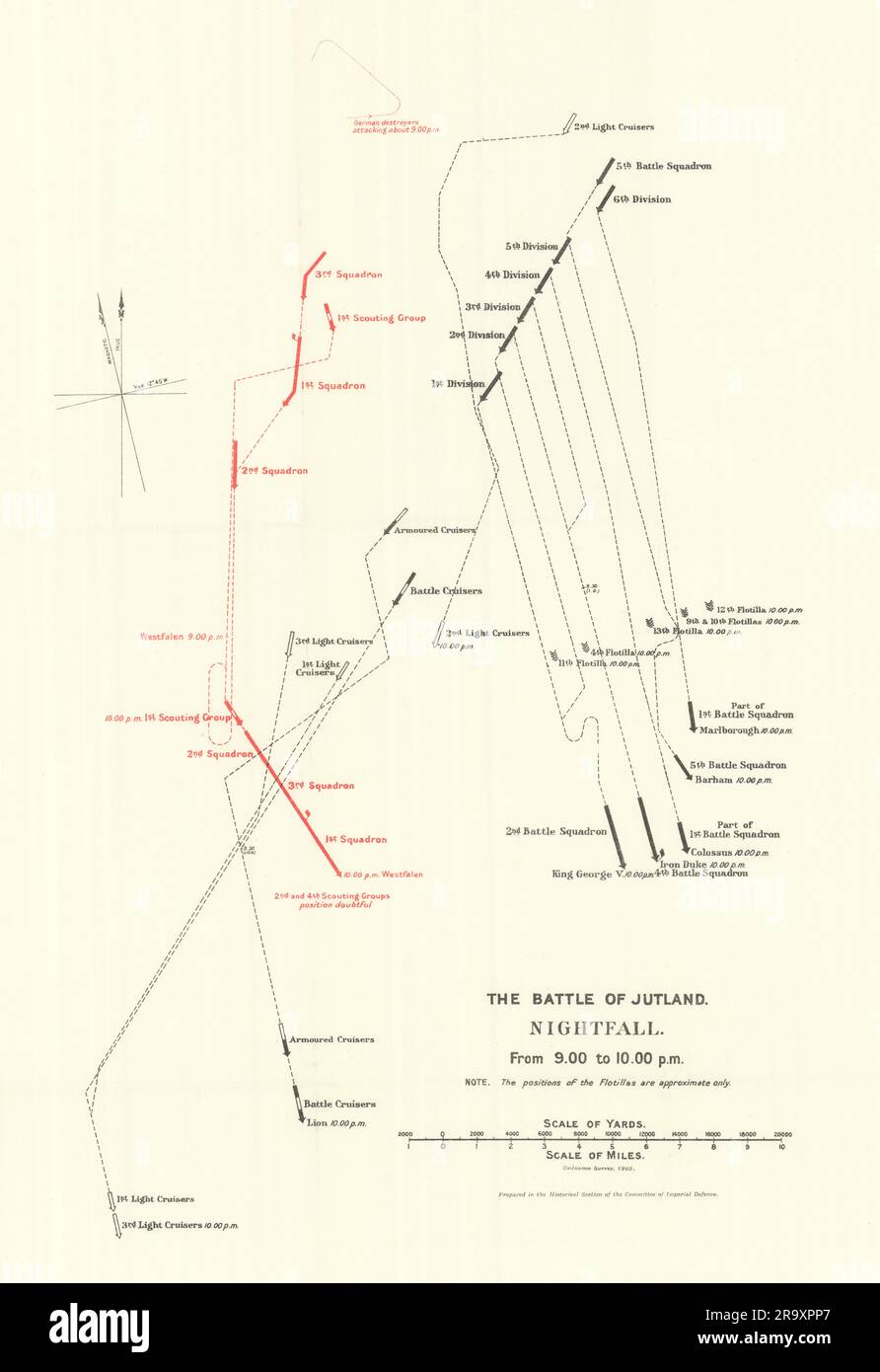 Battaglia dello Jutland. Calare la notte. Dalle 9,00 alle 10,00 del 31 maggio 1916. WW1. 1923 vecchia mappa Foto Stock