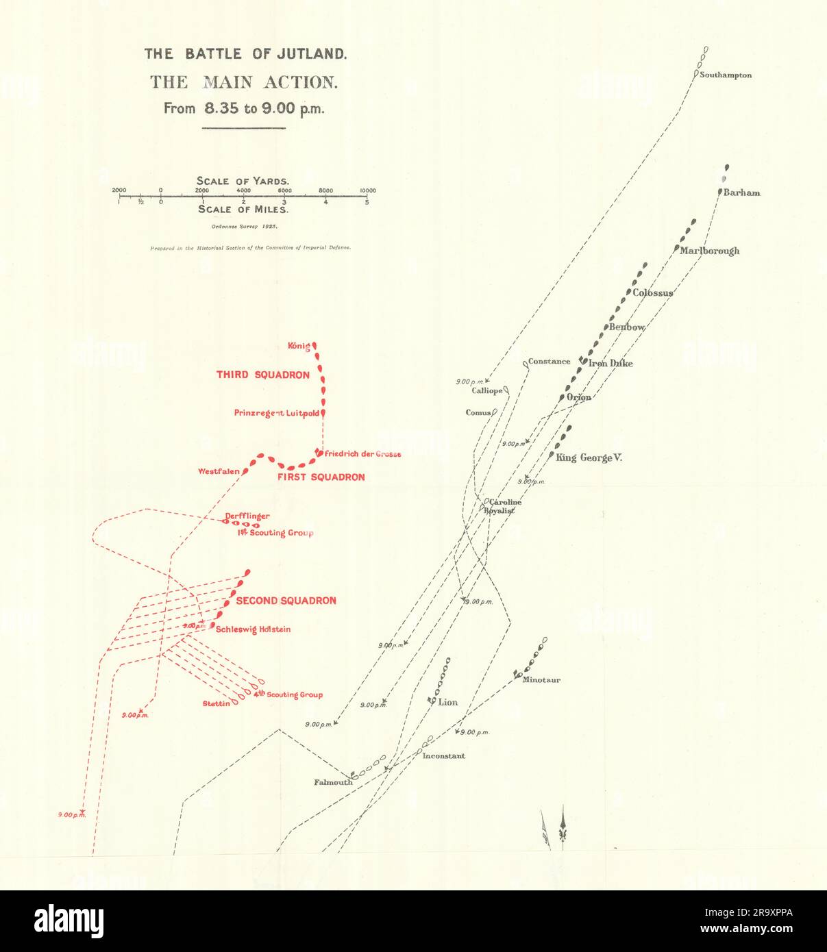 Battaglia dello Jutland. Azione principale. Dalle 8,35 alle 9,00 del 31 maggio 1916. WW1. 1923 vecchia mappa Foto Stock