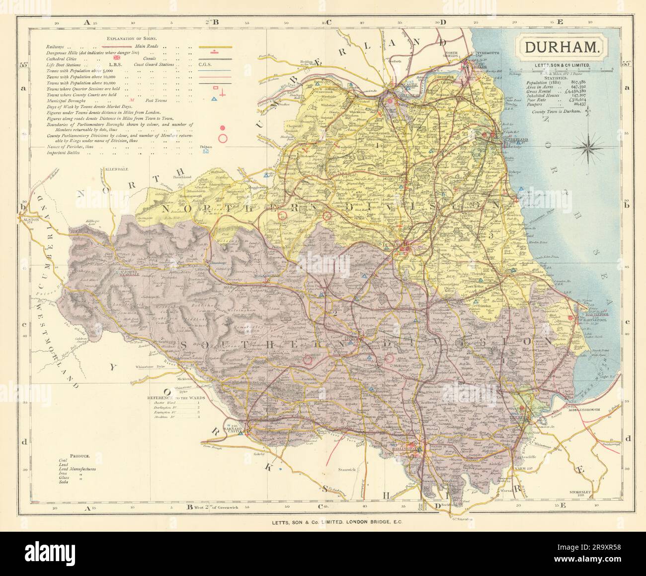 Mappa della contea di Durham che mostra le città e i giorni del mercato. LETTS 1884 vecchio antiquariato Foto Stock