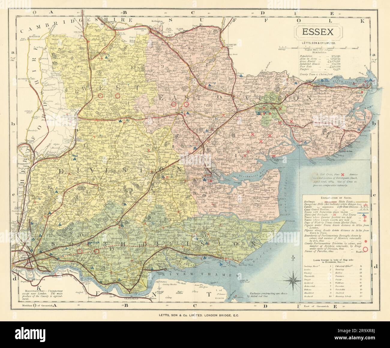 Mappa della contea di Essex che mostra Post Town & Market Days. LETTS 1884 vecchio antiquariato Foto Stock