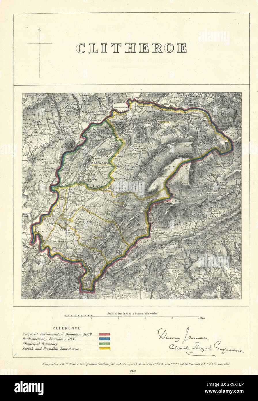 Clitheroe, Lancashire. JAMES. Parlamentare Boundary Commission 1868 vecchia mappa Foto Stock