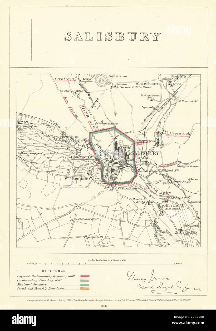 Salisbury, Wiltshire. JAMES. Parlamentare Boundary Commission 1868 vecchia mappa Foto Stock