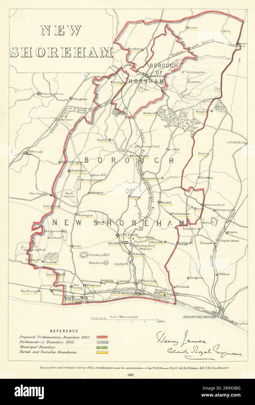 New Shoreham, Sussex. JAMES. Parlamentare Boundary Commission 1868 vecchia mappa Foto Stock