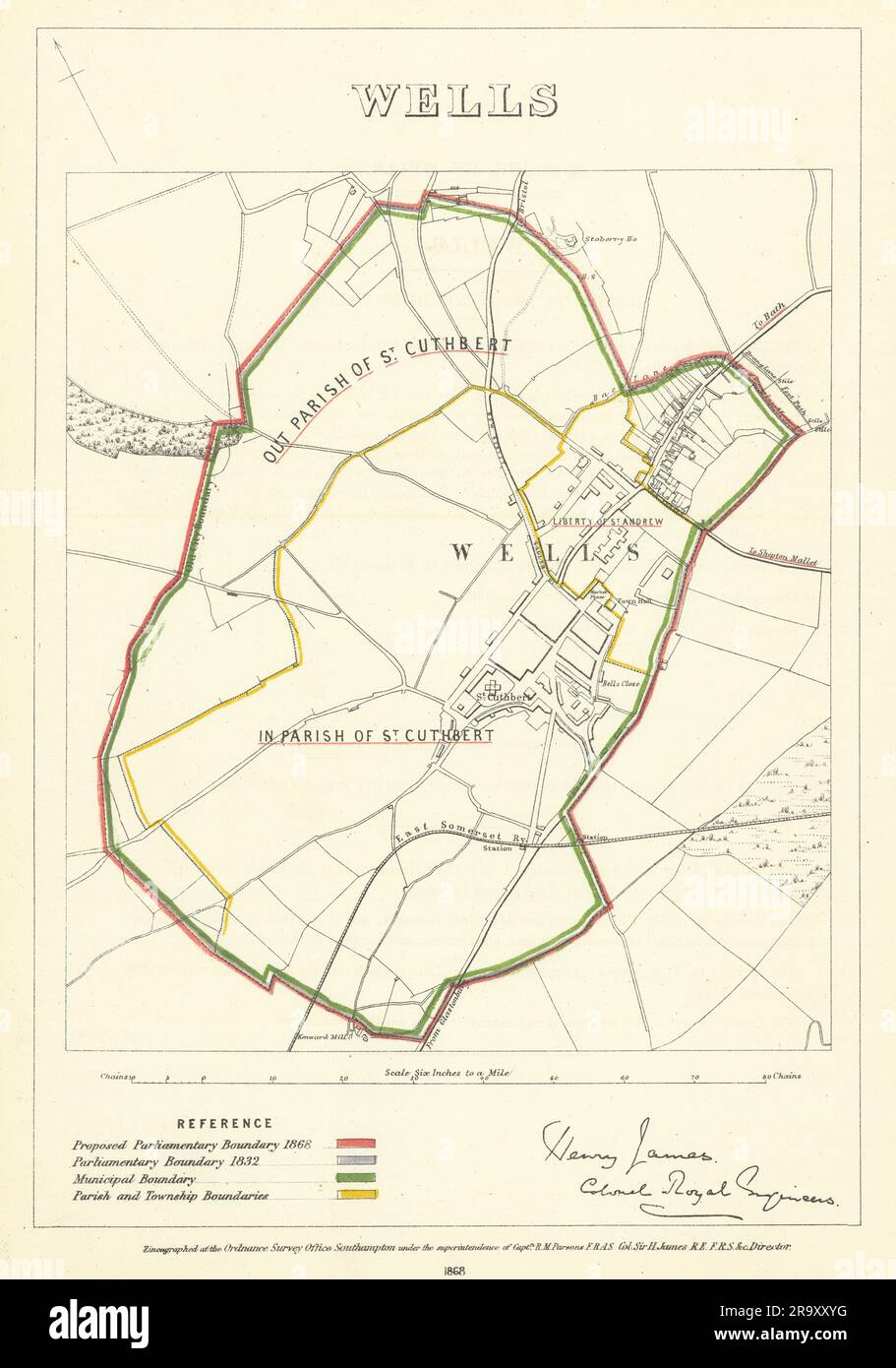 Wells, Somerset. JAMES. Parlamentare Boundary Commission 1868 vecchia mappa antica Foto Stock