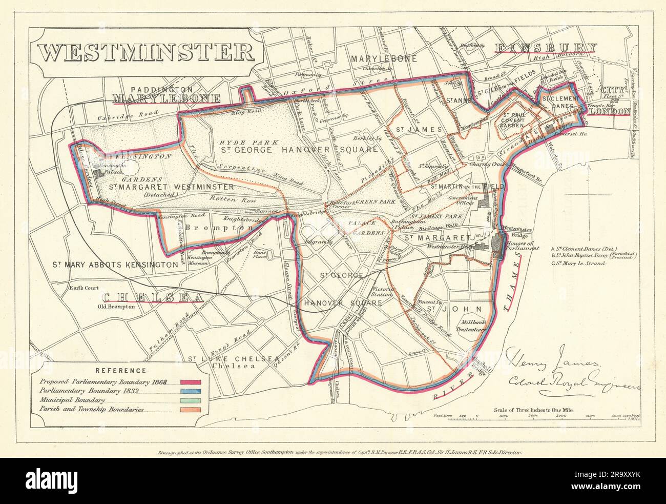 Westminster, Londra. JAMES. Parlamentare Boundary Commission 1868 vecchia mappa Foto Stock