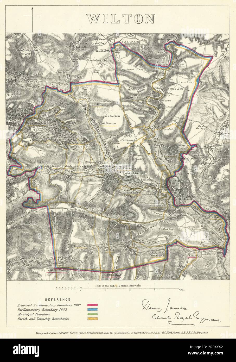 Wilton, Wiltshire. JAMES. Parlamentare Boundary Commission 1868 vecchia mappa Foto Stock