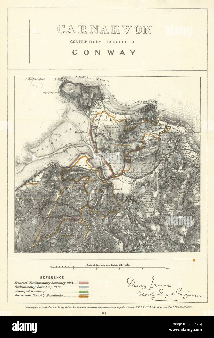 Carnarvon Contributory Borough di Conwy. JAMES. Mappa Boundary Commission 1868 Foto Stock