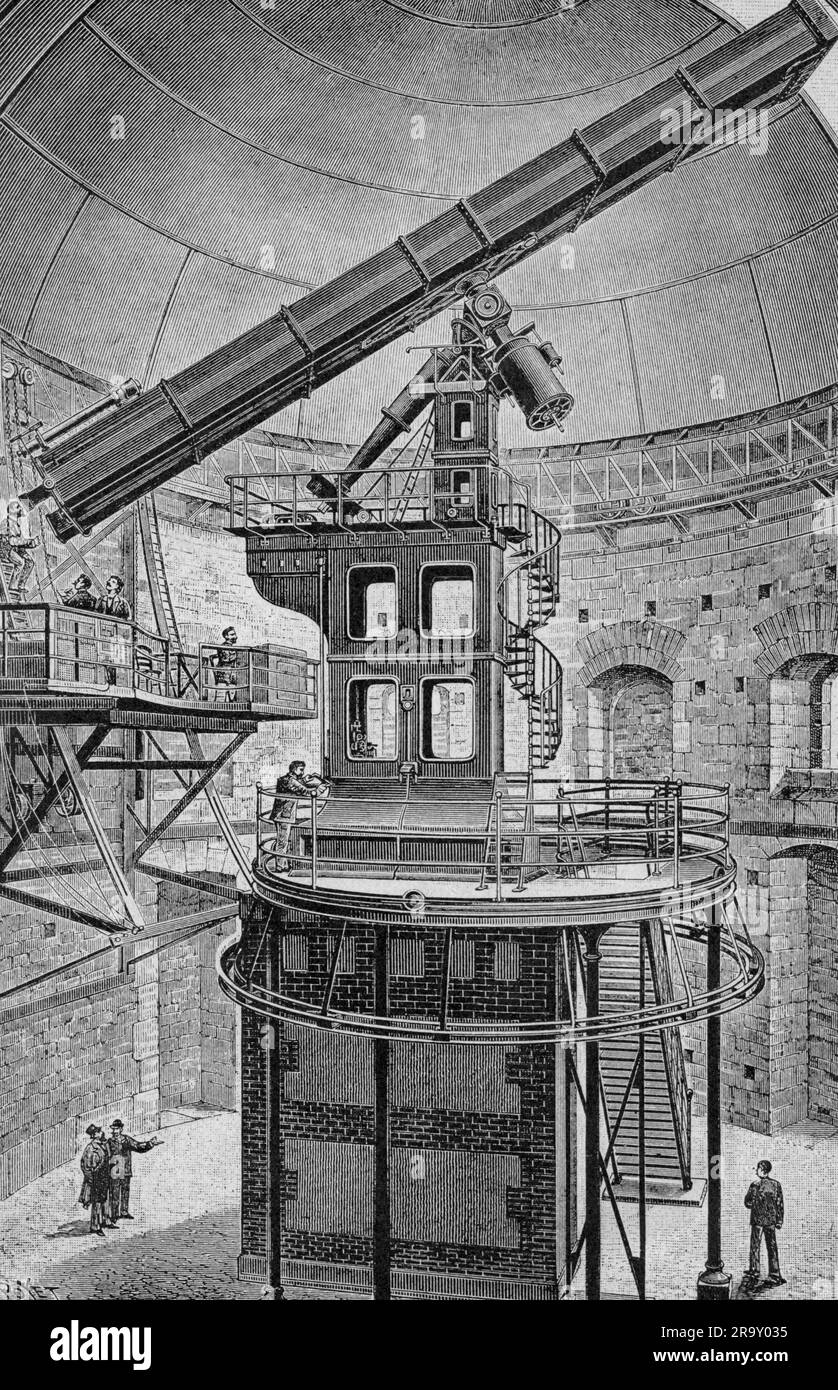 Astronomia, osservatorio, osservatorio di Parigi, grande refrattore di Meudon, incisione in legno, 1896, Il COPYRIGHT DELL'ARTISTA NON DEVE ESSERE CANCELLATO Foto Stock