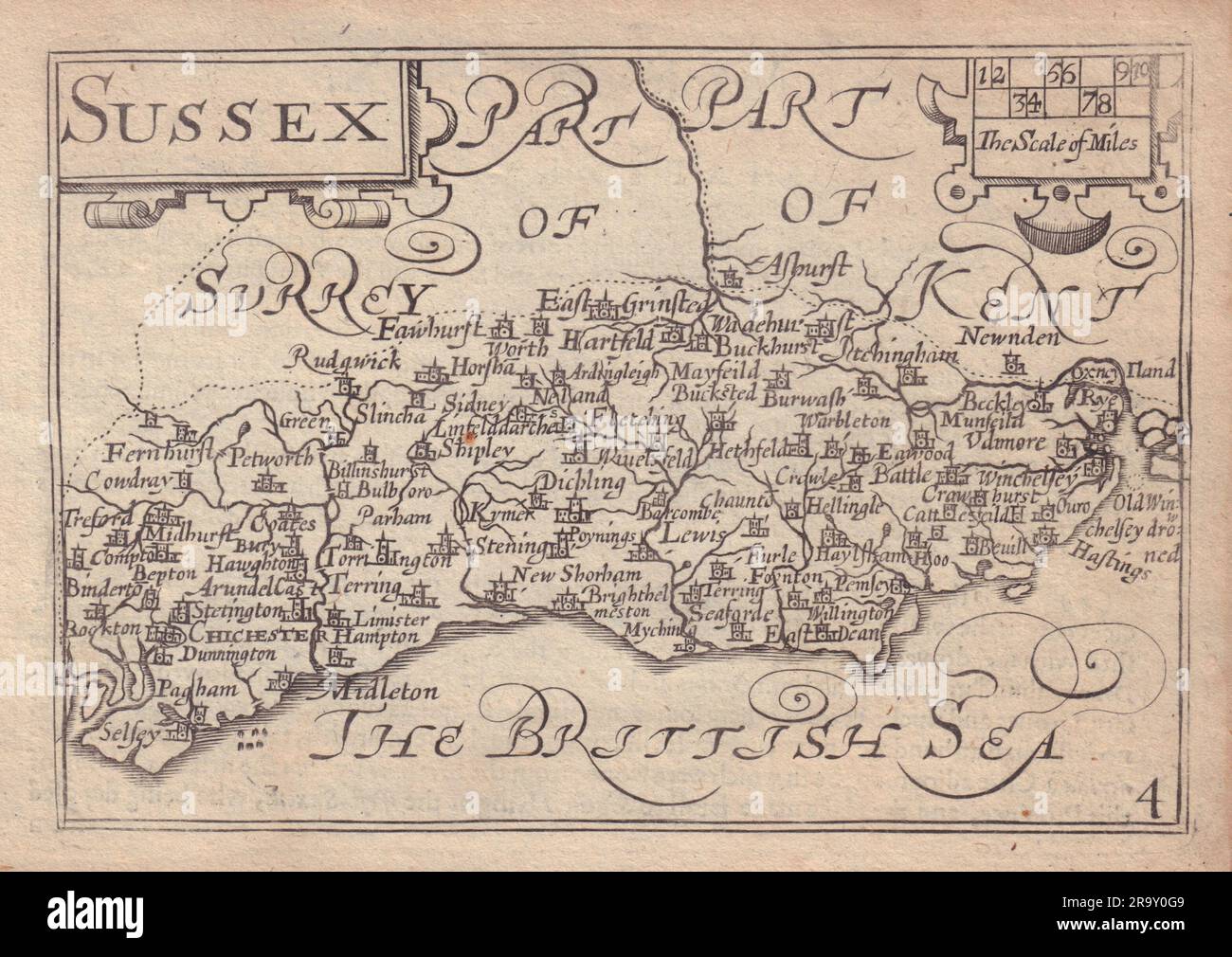 Sussex di van den Keere. Mappa della contea "Speed miniature" 1632 Old Ancient Foto Stock
