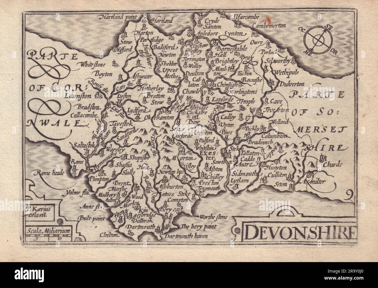 Devonshire di van den Keere. Mappa della contea "Speed miniature" 1632 Old Ancient Foto Stock
