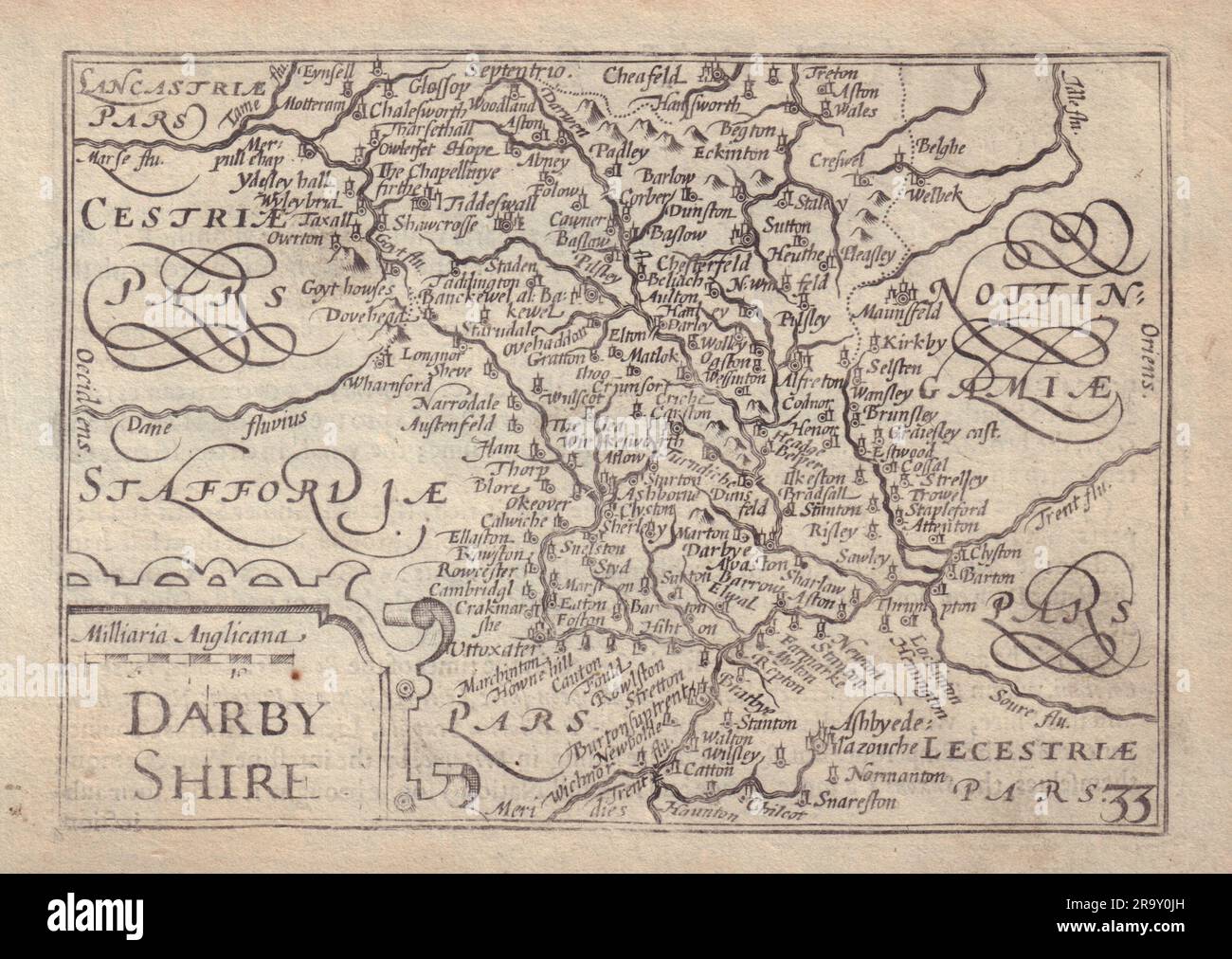 Darby Shire di van den Keere. "Speed miniature" Derbyshire County MAP 1632 Foto Stock