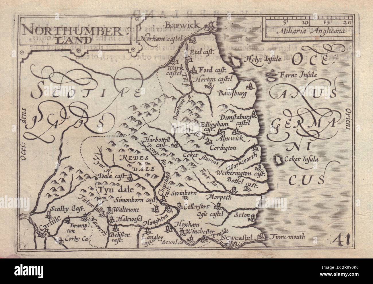 Northumberland di van den Keere. Mappa della contea "Speed miniature" datata 1632 Foto Stock