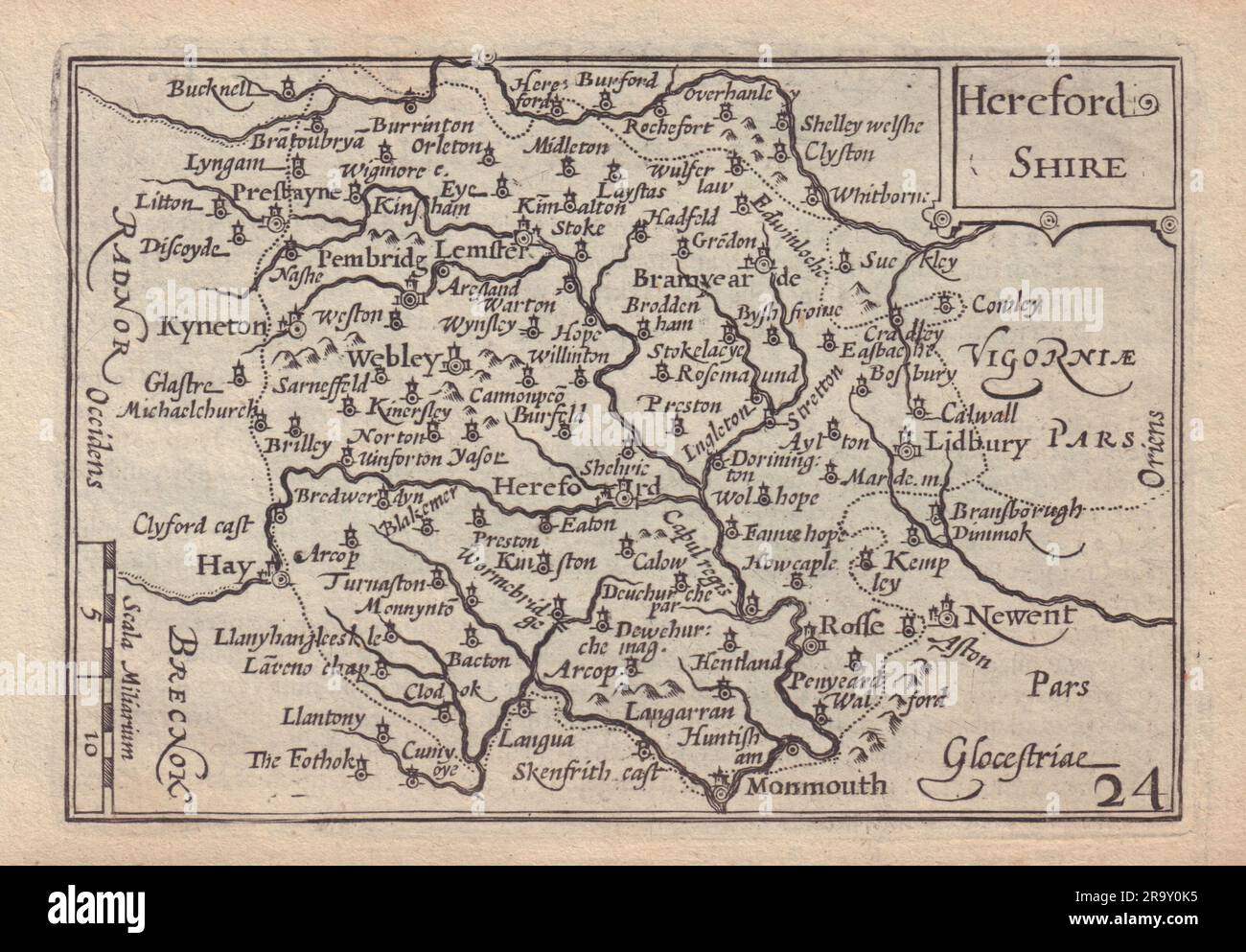 Hereford Shire di van den Keere. "Speed miniature" mappa della contea di Herefordshire 1632 Foto Stock