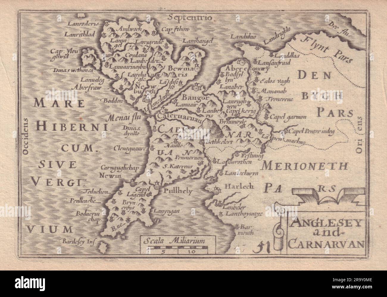 Anglesey e Carnarvan di van den Keere. "Speed miniature" 1632 vecchia mappa Foto Stock
