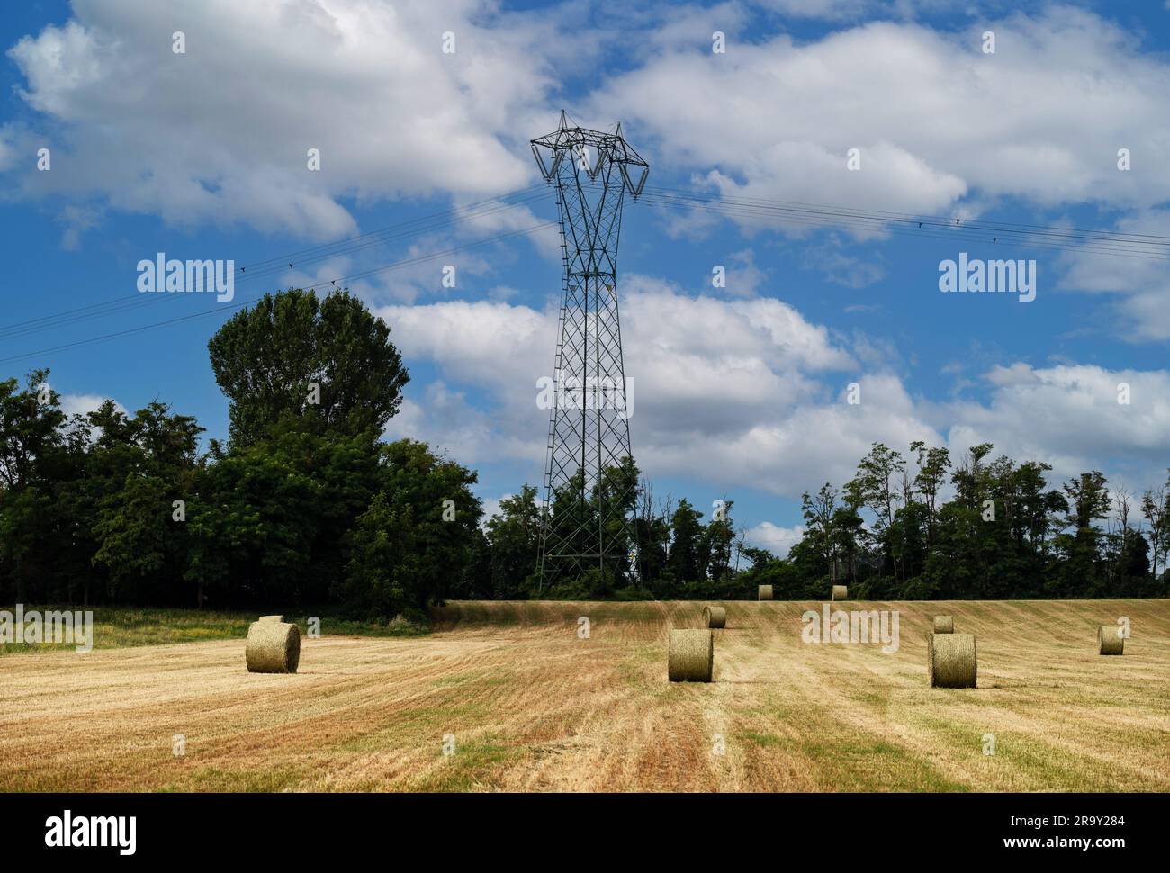 Terreni agricoli rurali e piloni per linee elettriche di transizione energetica Foto Stock