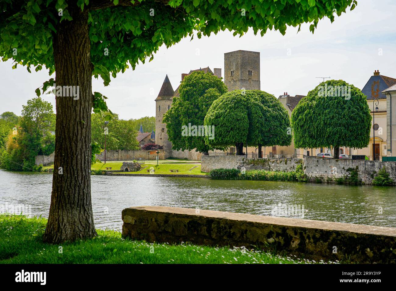 Fiume Loing di fronte al castello medievale di Nemours, nella città omonima nella valle del Loing a sud di Fontainebleau, nei dipartimenti francesi Foto Stock