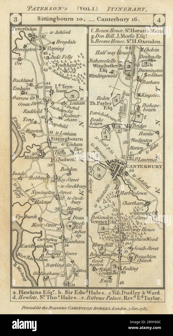 Rainham-Sittingbourne-Faversham-Canterbury Road strip MAP PATERSON 1785 Foto Stock