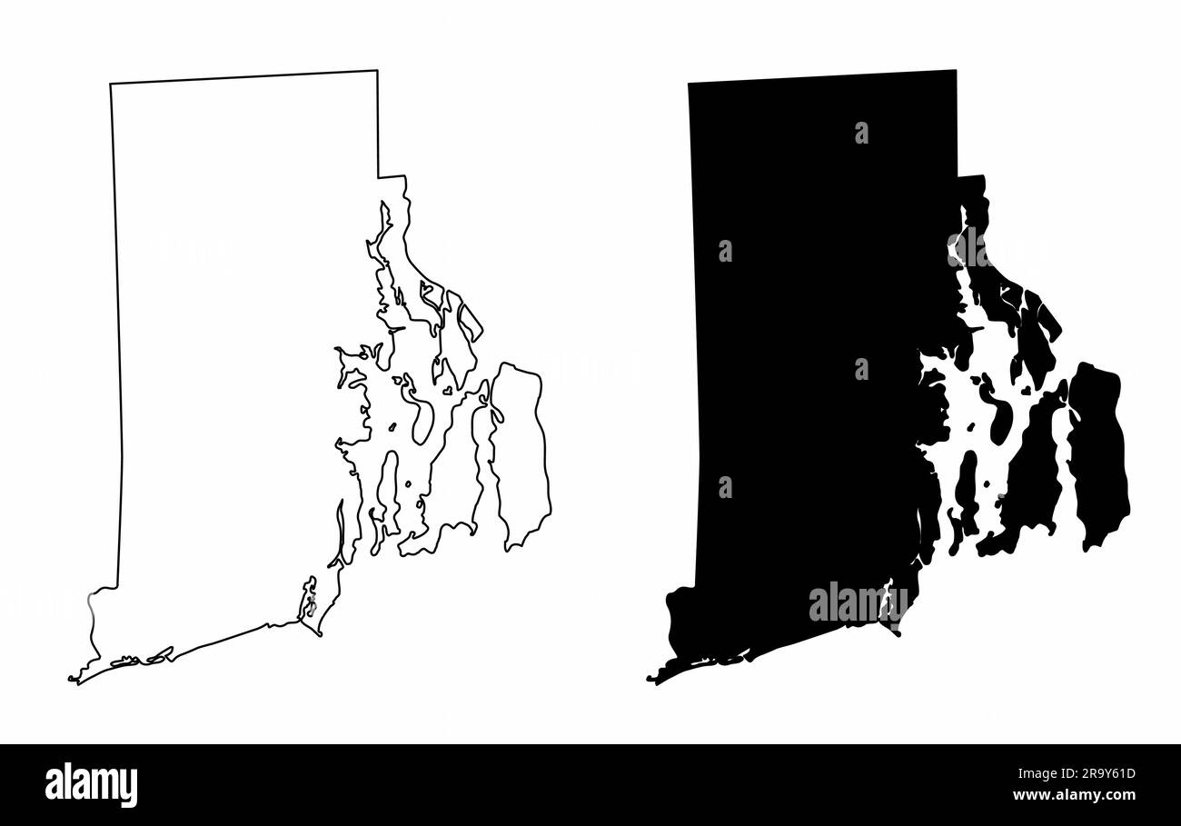 Le mappe della silhouette del Rhode Island in bianco e nero Illustrazione Vettoriale