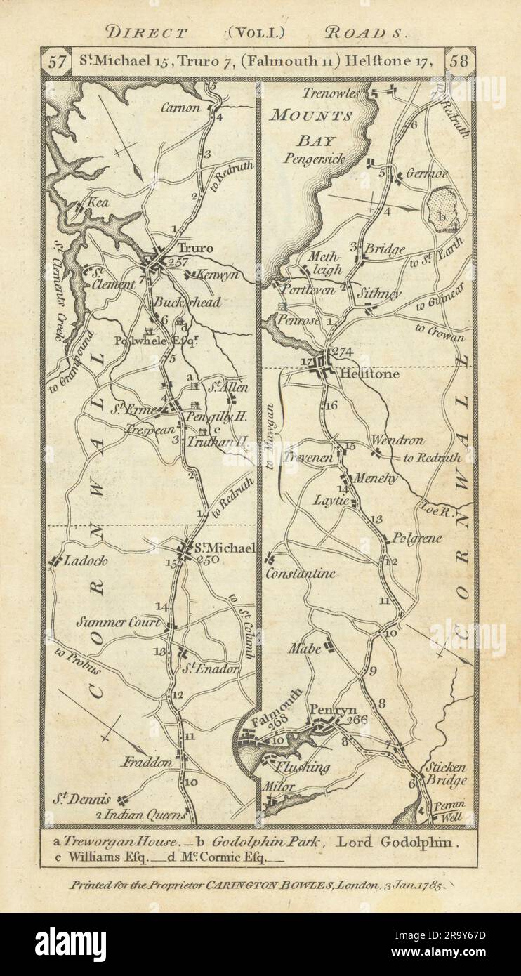 St Dennis-Truro-Falmouth-Helston-Mount's Bay Road strip MAP PATERSON 1785 Foto Stock