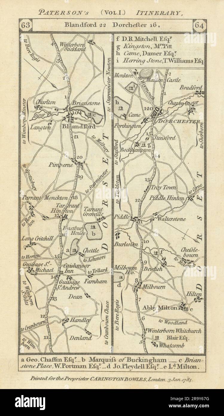 Blandford Forum-Milborne-Puddletown-Dorchester Road strip MAP PATERSON 1785 Foto Stock