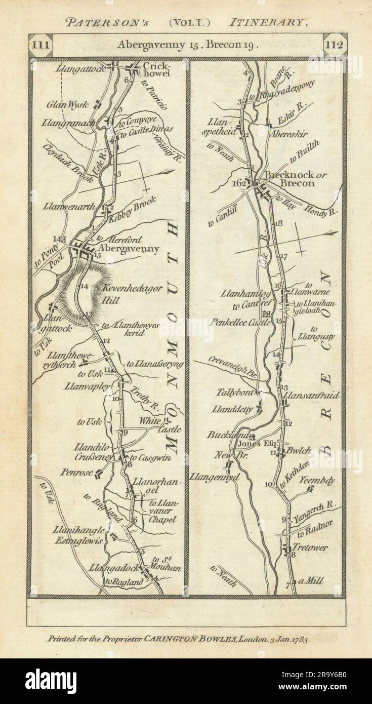 Abergavenny - Crickhowell - Brecon Road strip MAP PATERSON 1785 Old Foto Stock