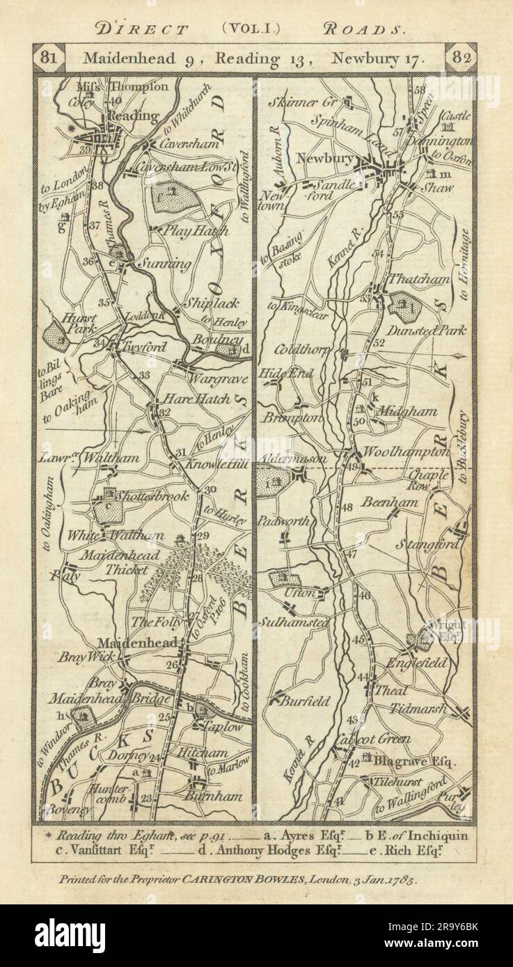 Burnham-Maidenhead-Reading-Aldermaston-Newbury Road strip MAP PATERSON 1785 Foto Stock