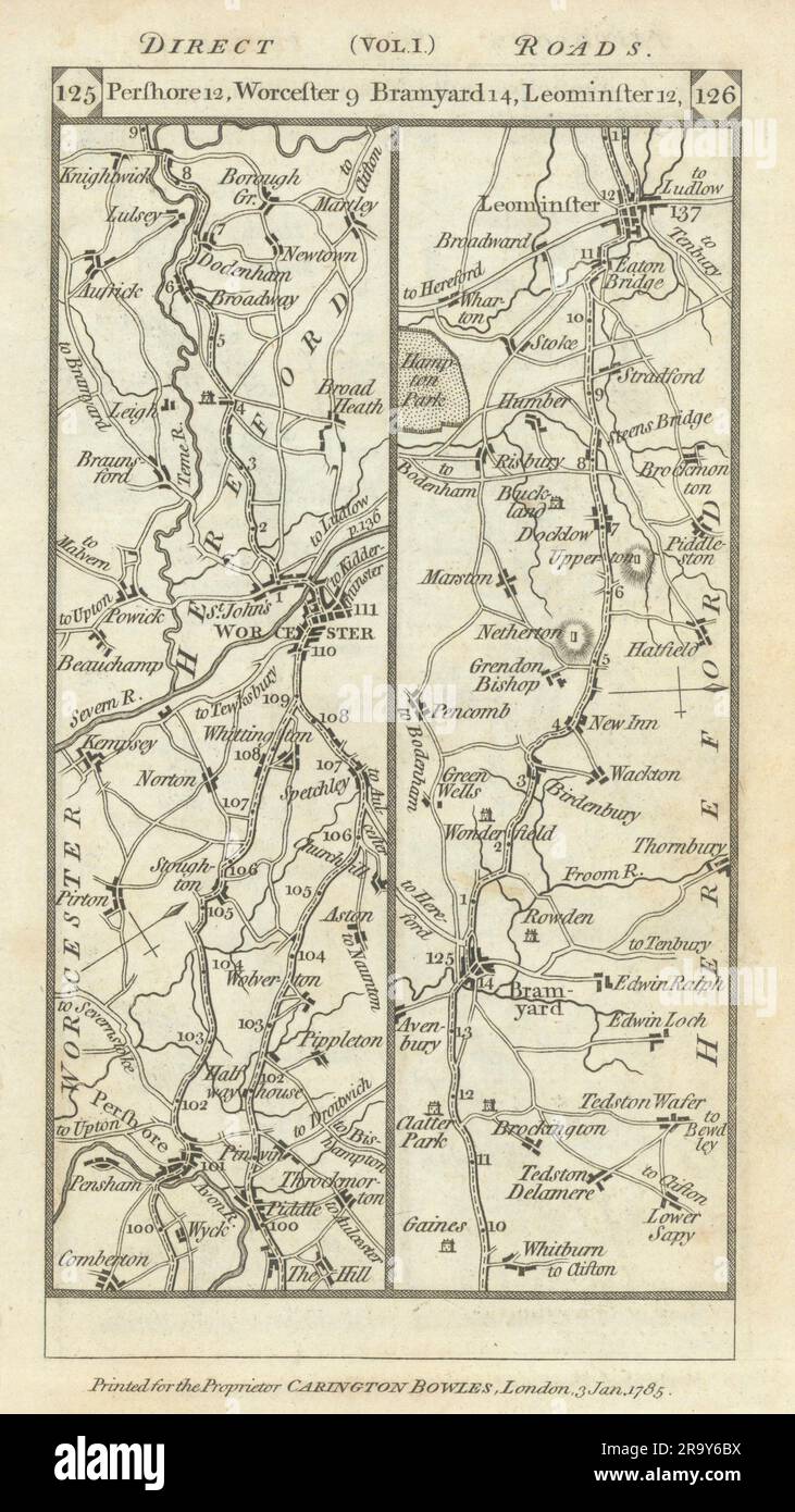 Pershore - Worcester - Bromyard - Leominster Road strip MAP PATERSON 1785 Foto Stock