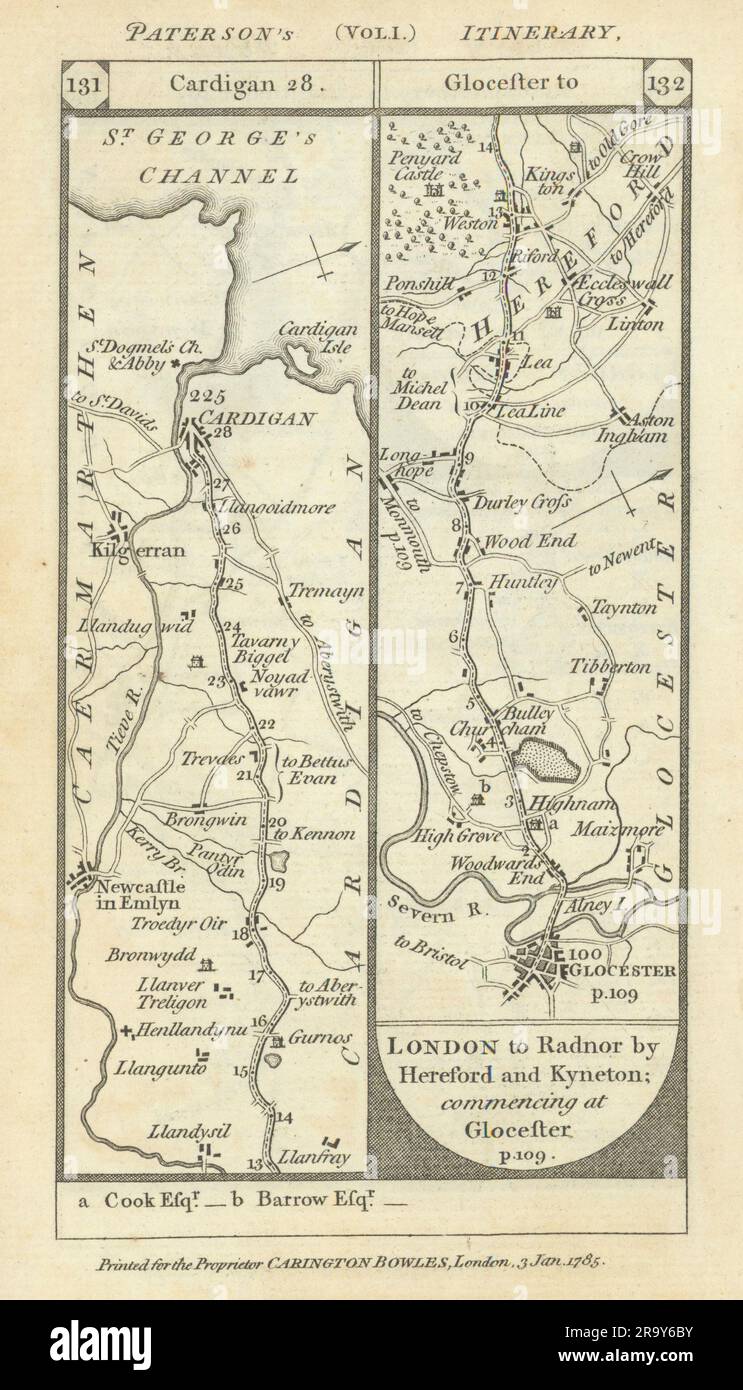 Newcastle Emlyn-Cardigan. Gloucester-Huntley Road Strip mappa PATERSON 1785 Foto Stock