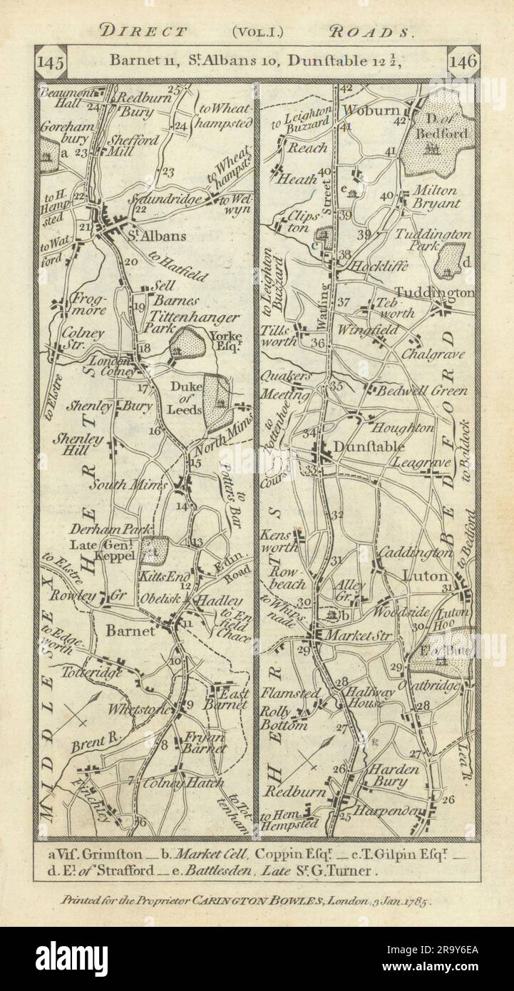 Barnet-St Albans-Harpenden-Luton-Dunstable Road strip MAP PATERSON 1785 Foto Stock