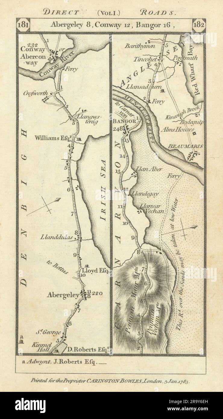 Abergele-Conwy-Bangor-Beaumaris-Pentraeth Road strip MAP PATERSON 1785 Old Foto Stock