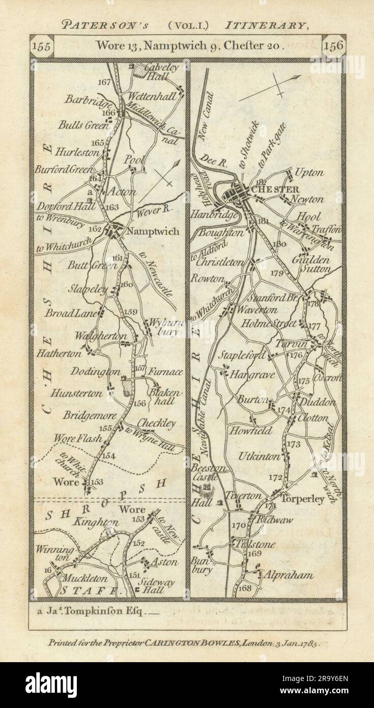 Nantwich - Tarporley - Chester cartina stradale PATERSON 1785 Old Ancient Foto Stock