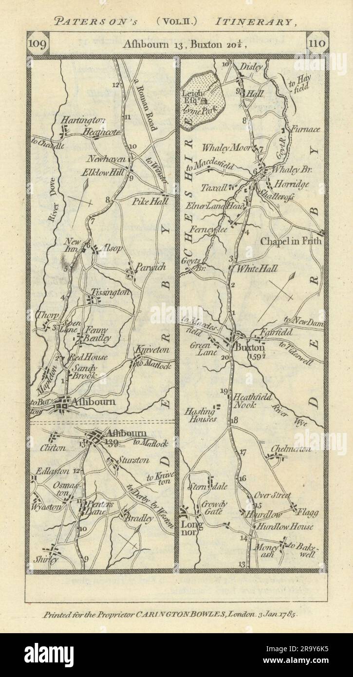 Ashbourne-Alsop-le-Dale-Buxton-Whaley Bridge Road strip MAP PATERSON 1785 Foto Stock