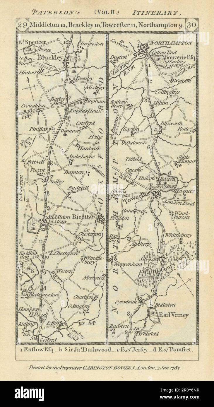 Bicester - Brackley - Towcester - Northampton Road strip MAP PATERSON 1785 Foto Stock