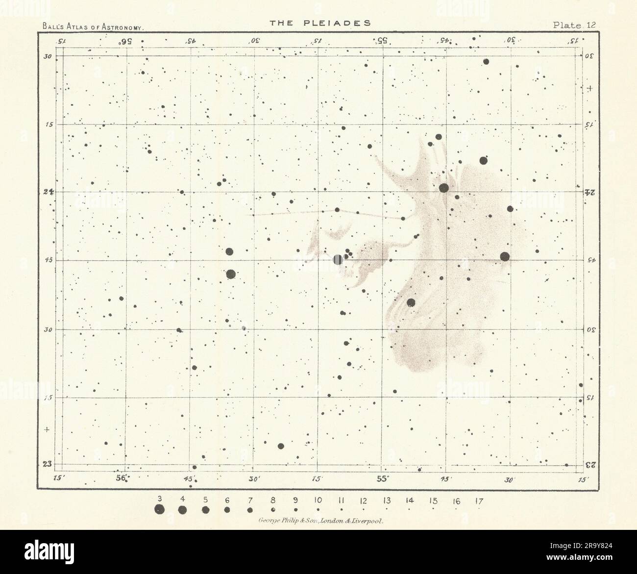 Stars in the Pleiades di Robert Ball. Astronomia. Night Sky 1892 vecchia mappa Foto Stock