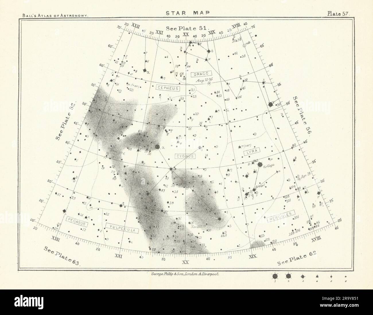 Mappa stellare cielo notturno Cepheus Cygnus Draco Hercules Lyra Pegasus Vulpecula 1892 Foto Stock