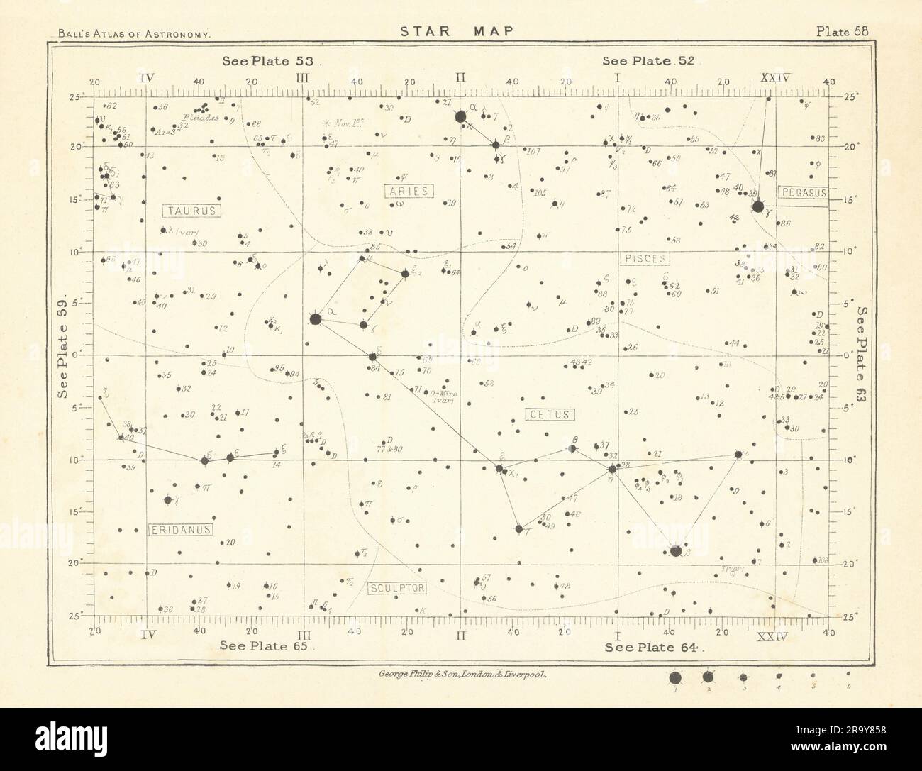 Mappa stellare cielo notturno Ariete Cetus Eridanus Pegasus pesci Scultore Taurus 1892 Foto Stock