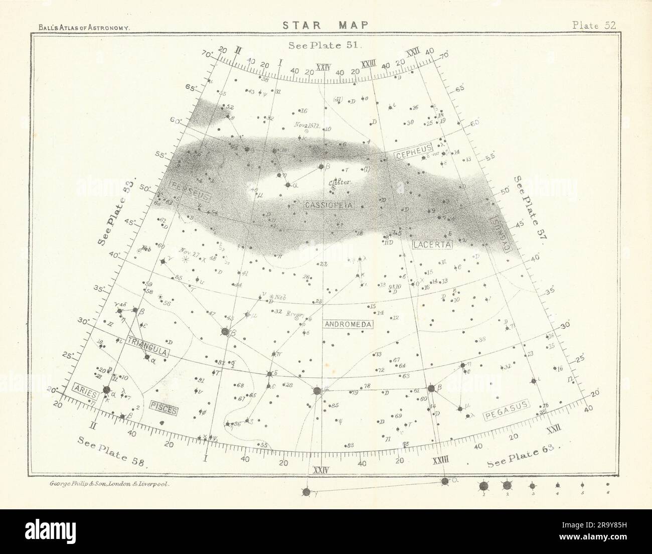 Mappa stellare cielo notturno Andromeda Ariete Cassiopeia Pegasus Perseo pesci 1892 Foto Stock
