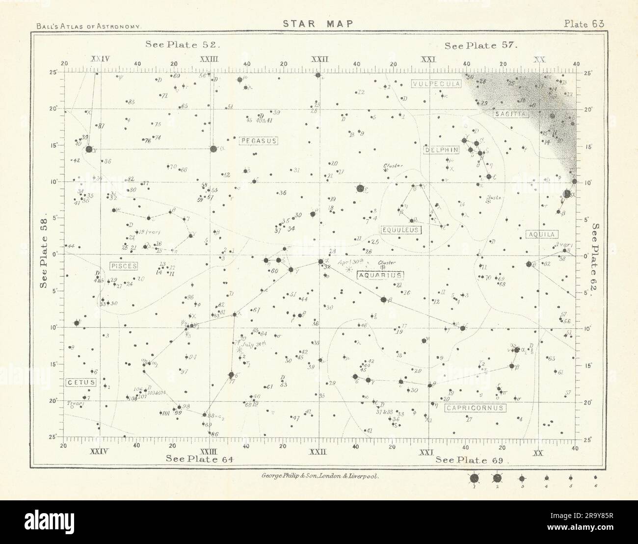 Mappa stellare cielo notturno Acquario Aquila Capricornus Cetus Delphin Pegasus pesci 1892 Foto Stock