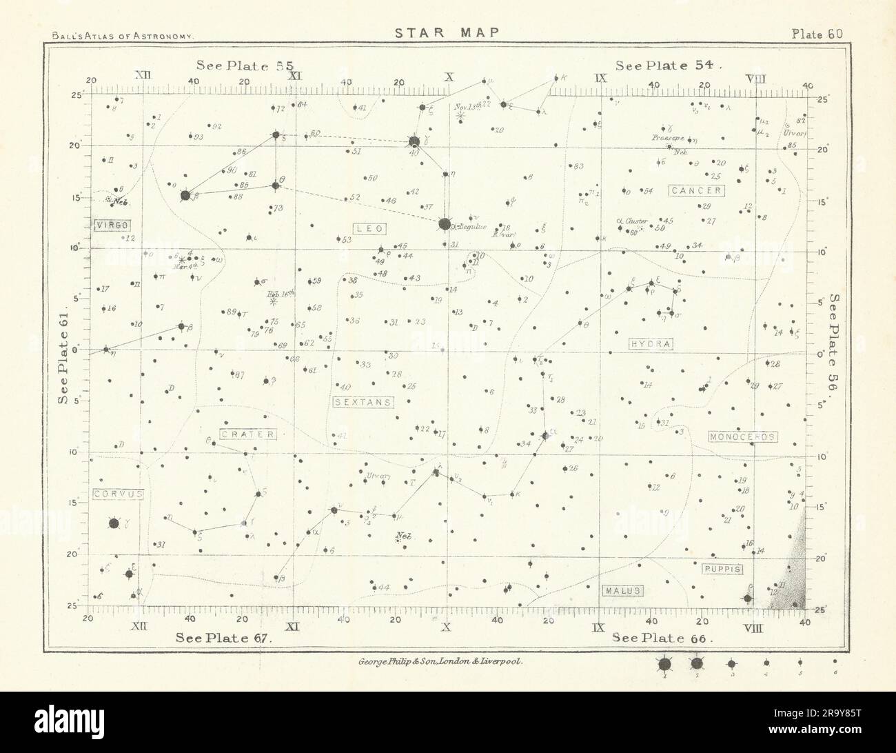 Mappa stellare cielo notturno cancro Corvus Crater Hydra Leo Puppis Sextans virus 1892 Foto Stock