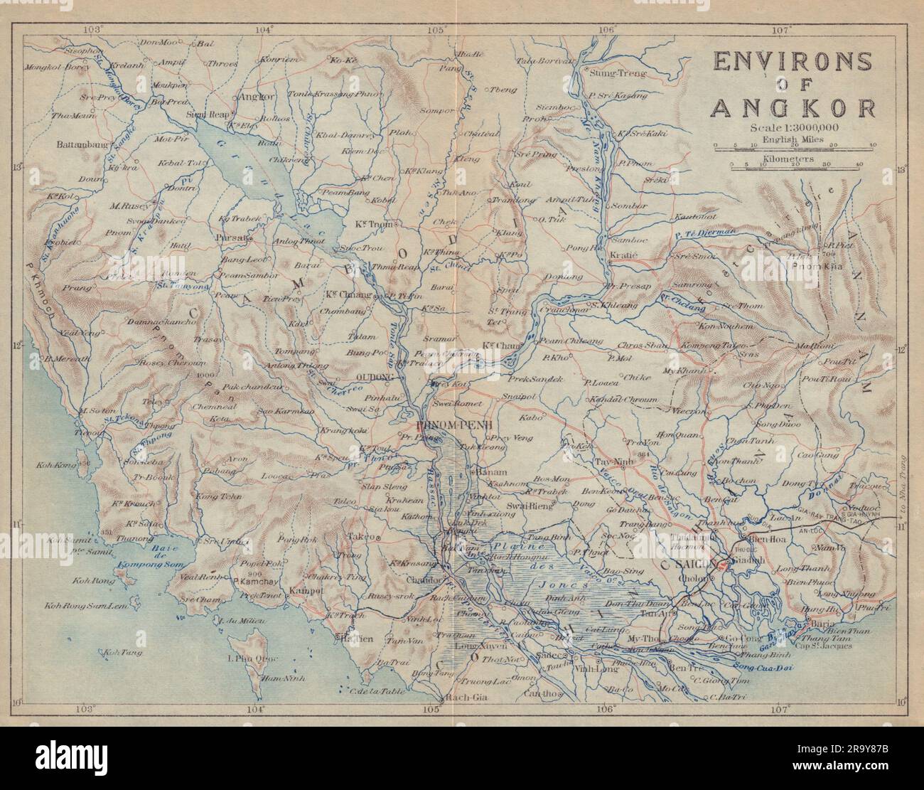 Cambogia e Vietnam del Sud. "Dintorni di Angkor" 1917 vecchia carta geografica antica Foto Stock