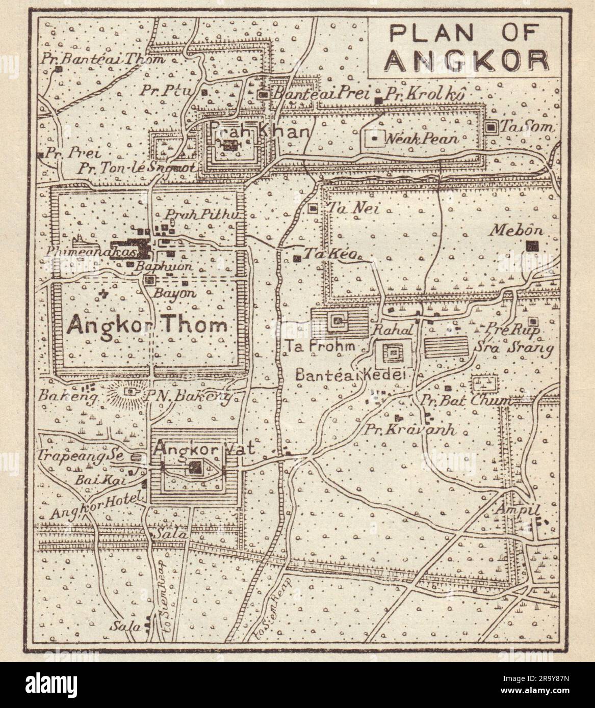 Piano di schizzo Angkor Wat & Angkor Thum. Cambogia 1917 vecchia carta geografica antica Foto Stock